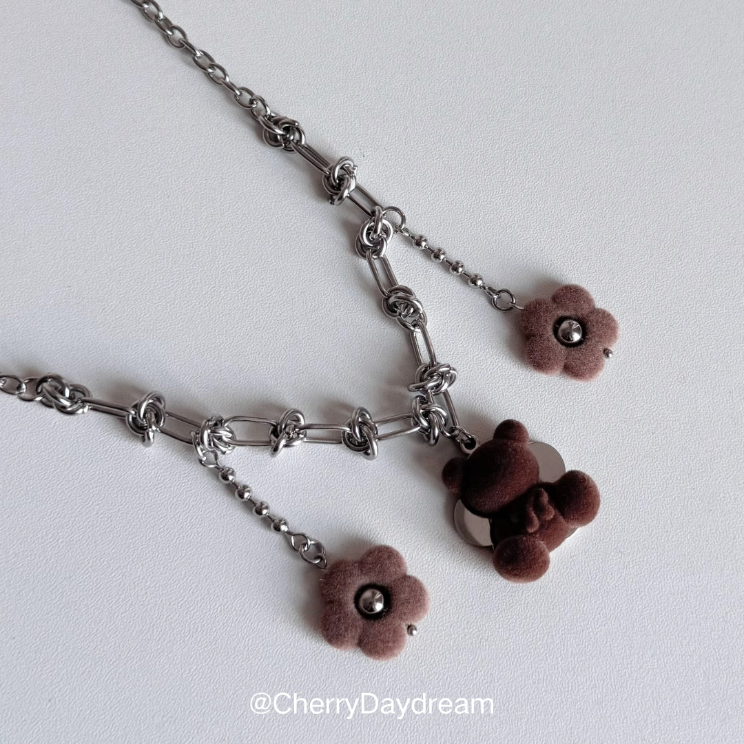 Plush Teddy & Flower Charm Necklace