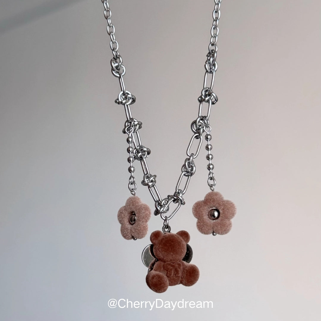 Plush Teddy & Flower Charm Necklace