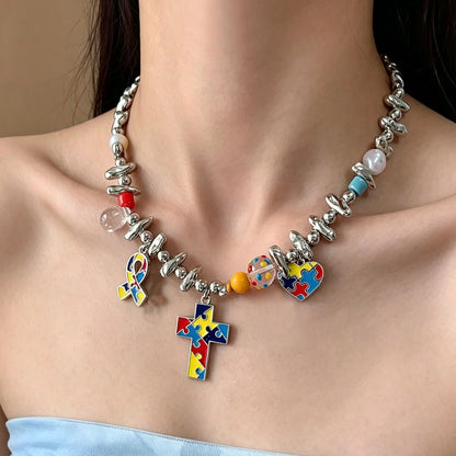 Colorful Puzzle Cross Charm Necklace | Y2K Street Style Alloy Pendant Necklace