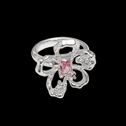 Pink Crystal Flower Ring — Y2K Fairycore Statement Ring