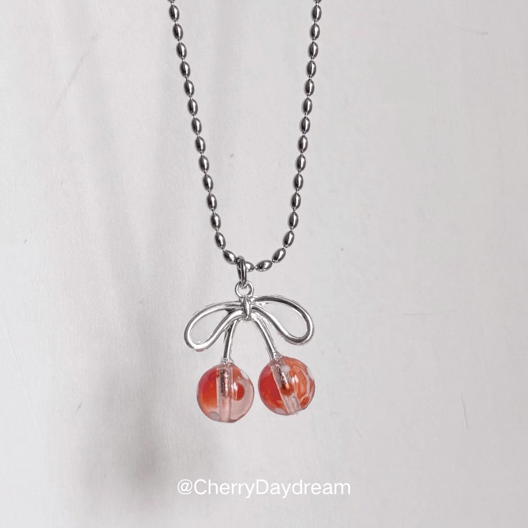 Vintage Polka Dot Cherry Bow Beaded Necklace