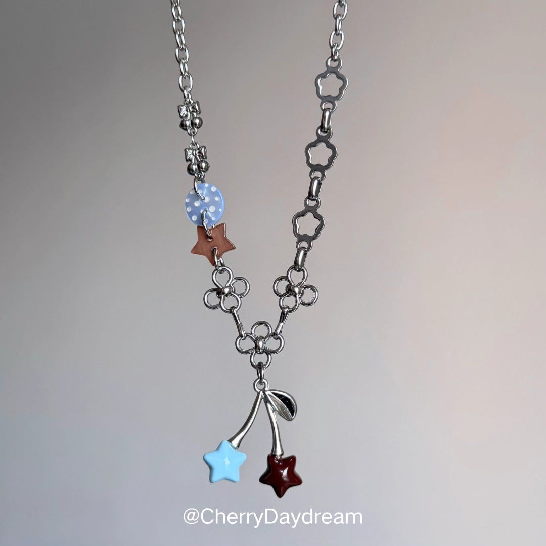 Handmade Blue and Brown Star Cherry Charm Necklace