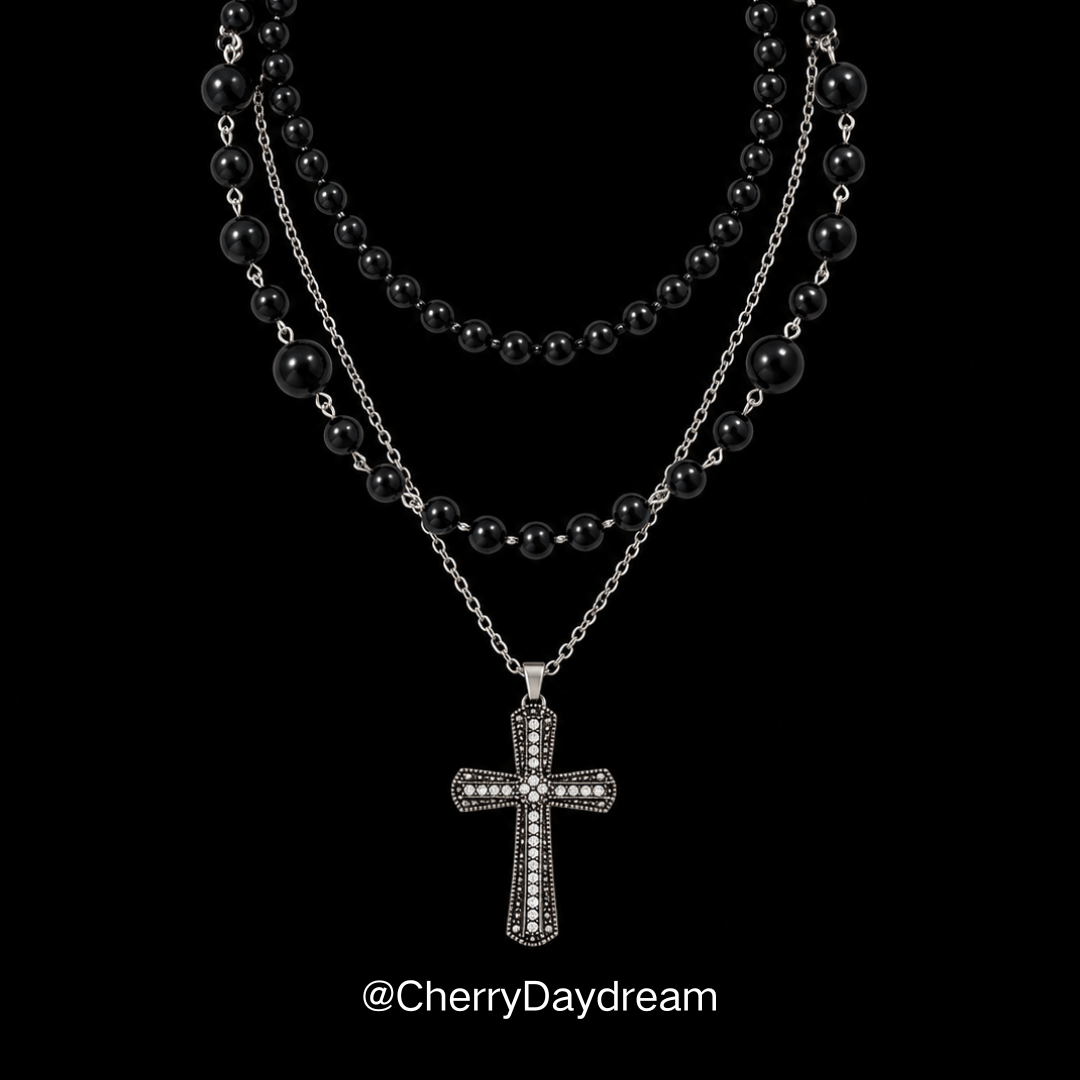 Black Beaded Cross Layered Necklace Set