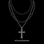 Black Beaded Cross Layered Necklace Set