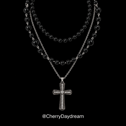 Black Beaded Cross Layered Necklace Set