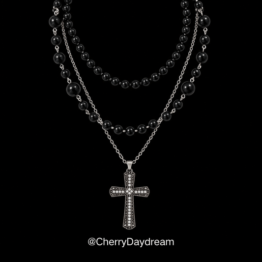 Black Beaded Cross Layered Necklace Set