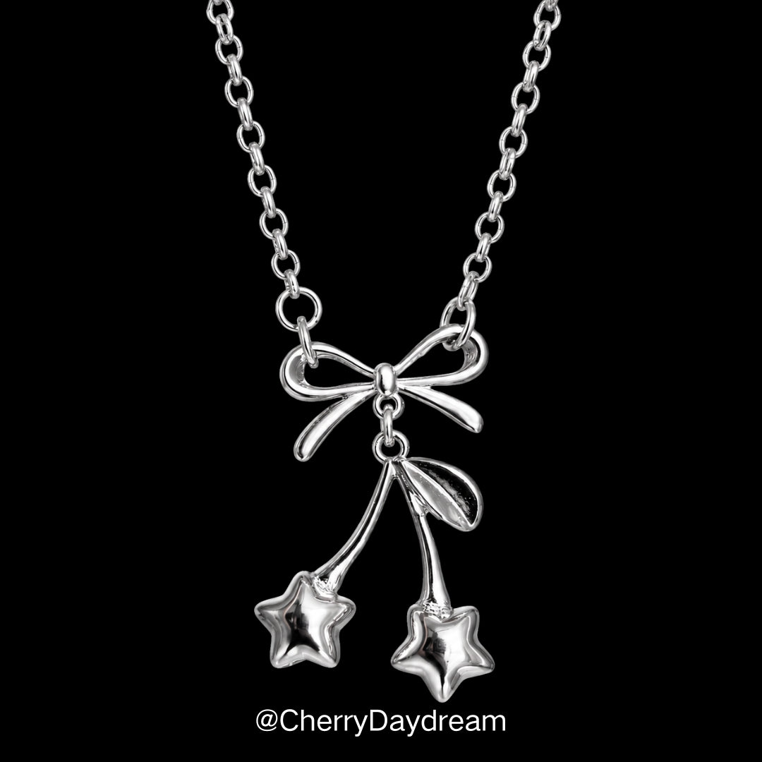 Silver Bow Star Cherry Charm Necklace