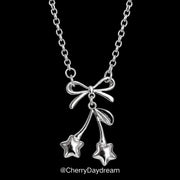 Silver Bow Star Cherry Charm Necklace