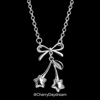 Silver Bow Star Cherry Charm Necklace