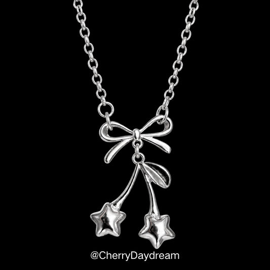 Silver Bow Star Cherry Charm Necklace