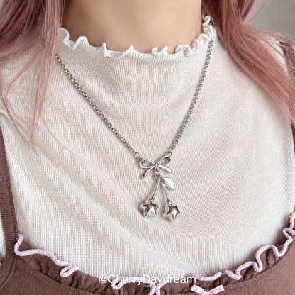 Silver Bow Star Cherry Charm Necklace