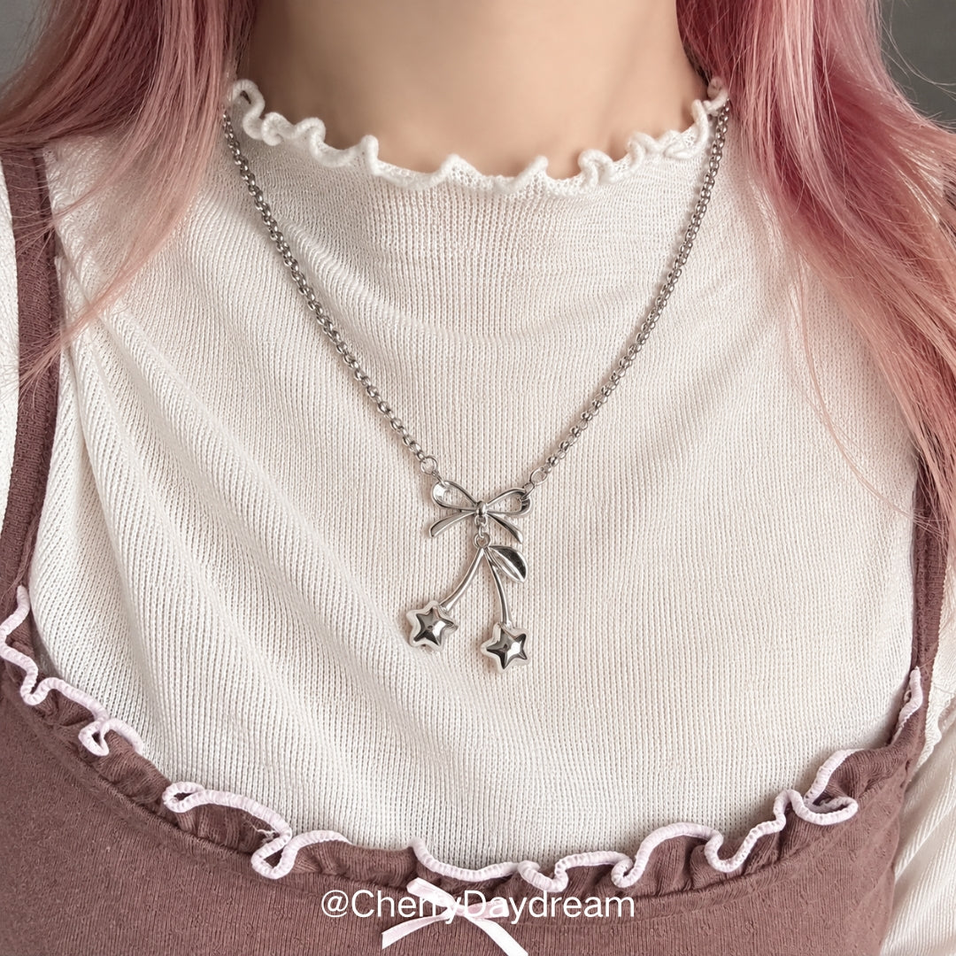 Silver Bow Star Cherry Charm Necklace