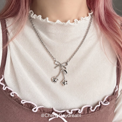 Silver Bow Star Cherry Charm Necklace