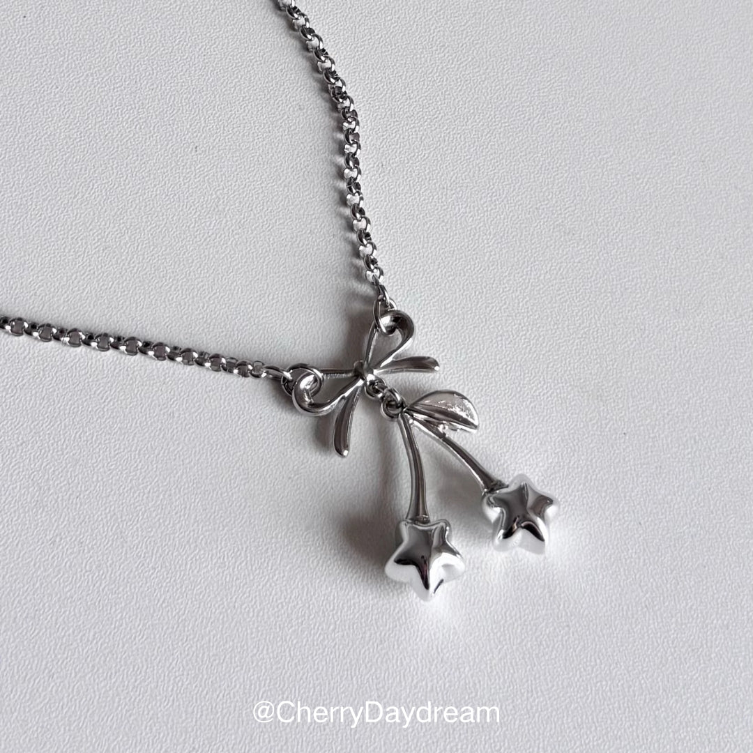Silver Bow Star Cherry Charm Necklace