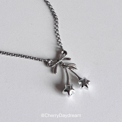 Silver Bow Star Cherry Charm Necklace