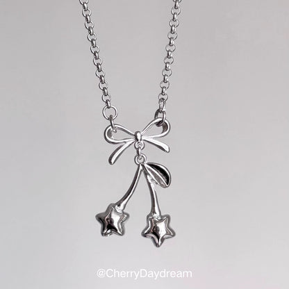Silver Bow Star Cherry Charm Necklace