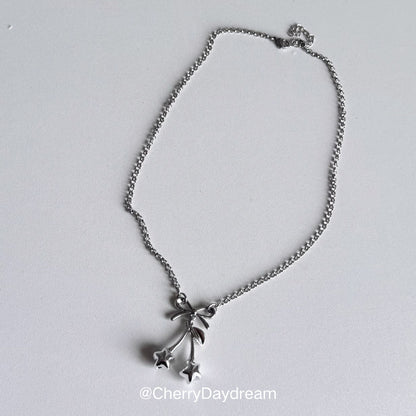 Silver Bow Star Cherry Charm Necklace