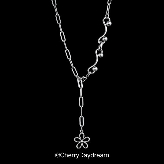 Silver Flower Drop Necklace with Mixed Chains