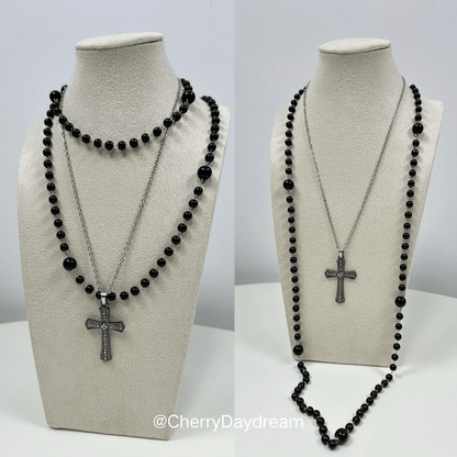 Black Beaded Cross Layered Necklace Set