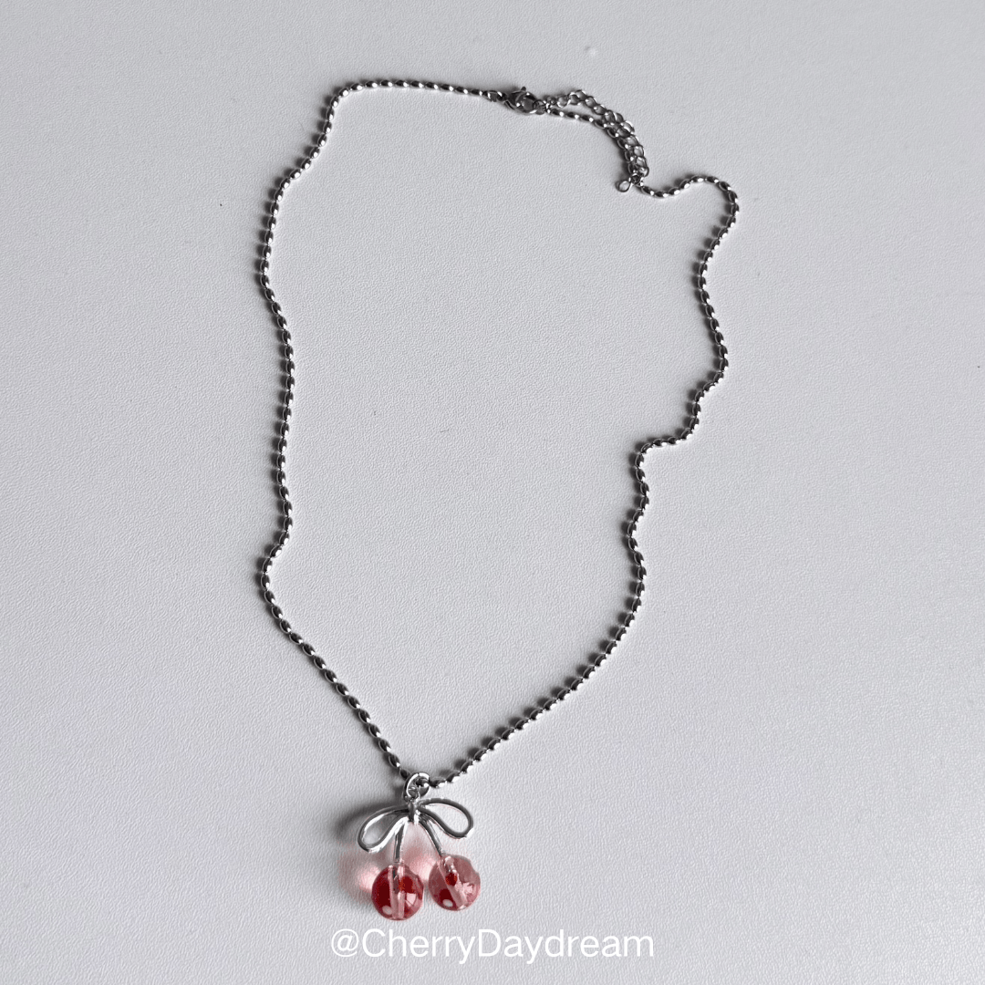 Vintage Polka Dot Cherry Bow Beaded Necklace
