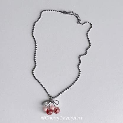 Vintage Polka Dot Cherry Bow Beaded Necklace