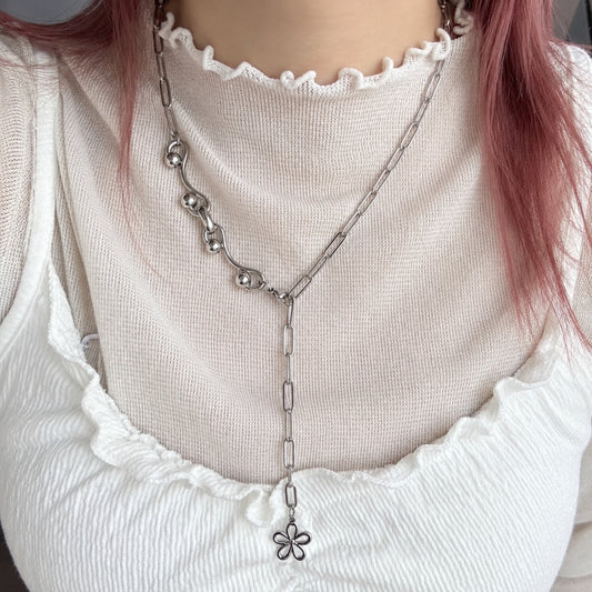 Silver Flower Drop Necklace with Mixed Chains