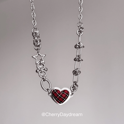 Tartan Heart Necklace — Y2K Gothic Plaid Charm Necklace