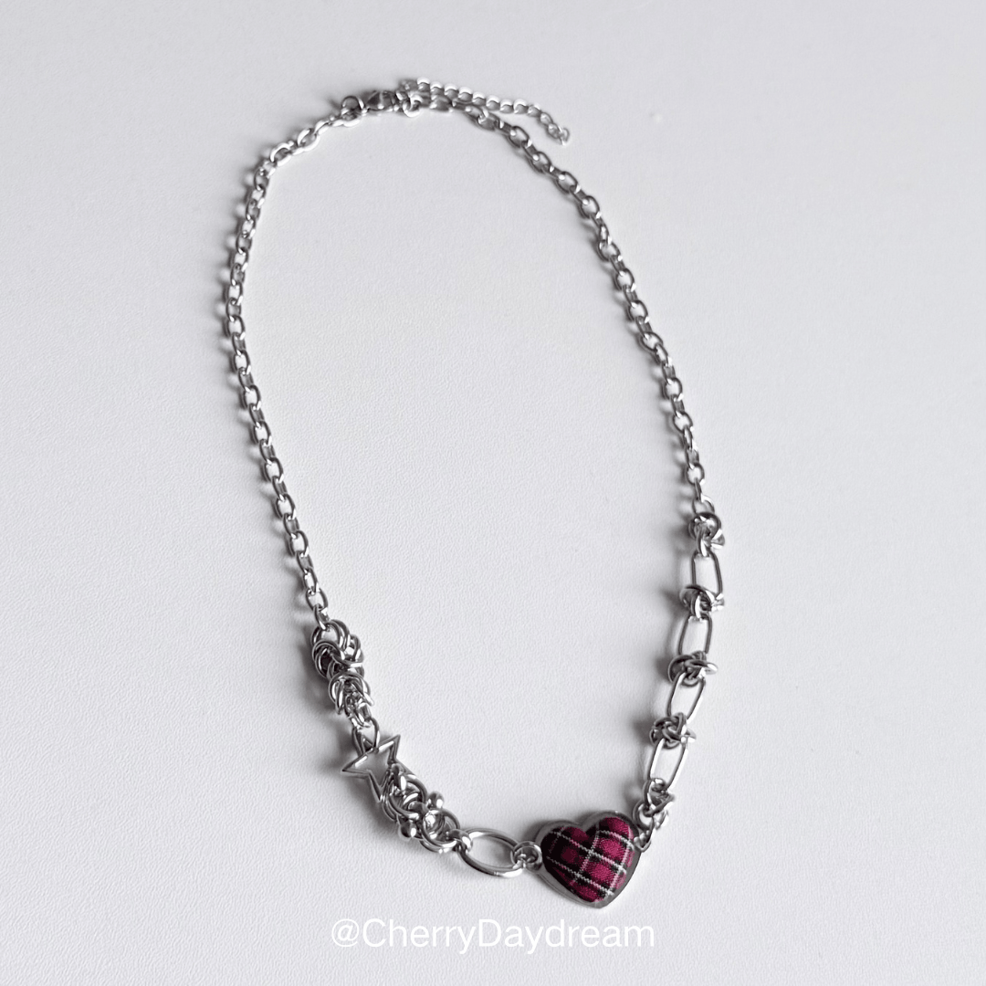 Tartan Heart Necklace — Y2K Gothic Plaid Charm Necklace