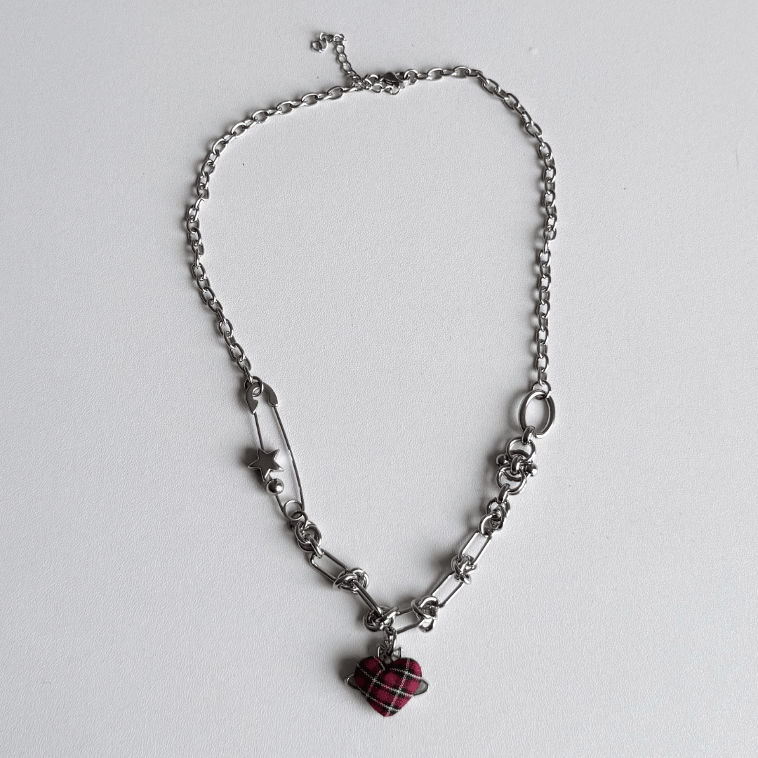 Red Plaid Heart Necklace