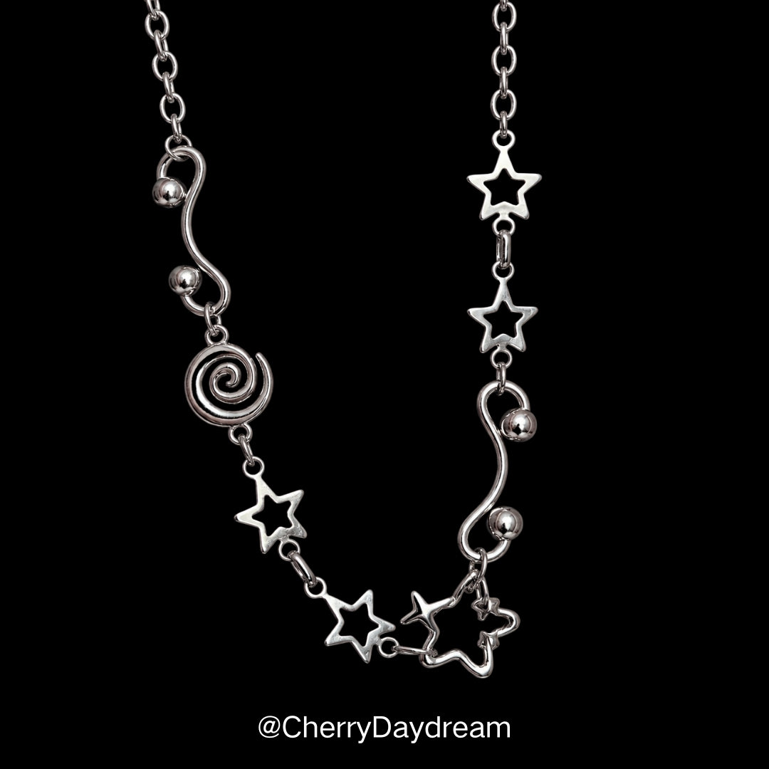 Silver Spiral Star and Wavy Chain Necklace