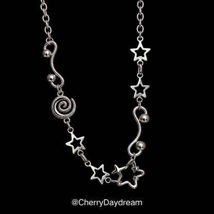Silver Spiral Star and Wavy Chain Necklace
