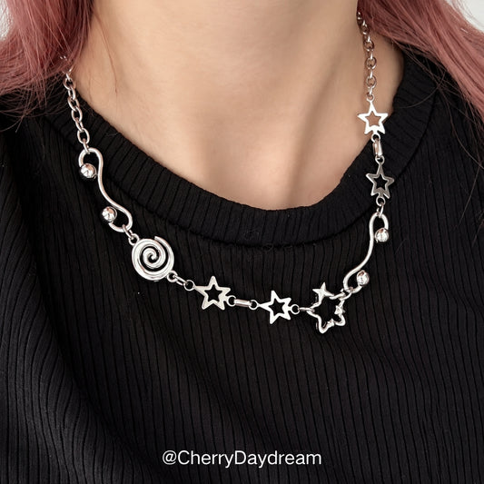 Silver Spiral Star and Wavy Chain Necklace