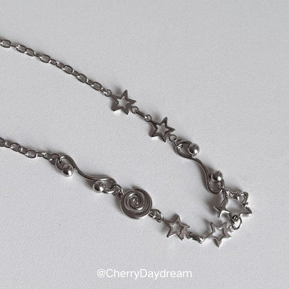 Silver Spiral Star and Wavy Chain Necklace