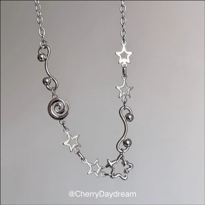 Silver Spiral Star and Wavy Chain Necklace