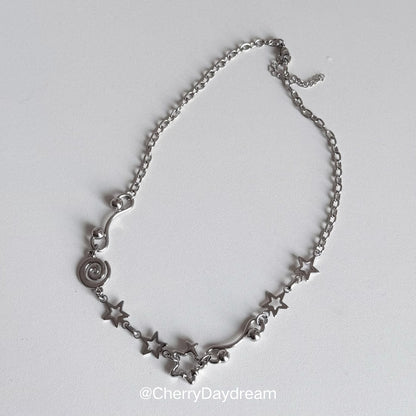 Silver Spiral Star and Wavy Chain Necklace
