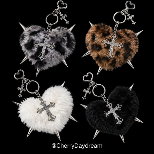 Gothic Plush Heart Keychain with Cross Charm