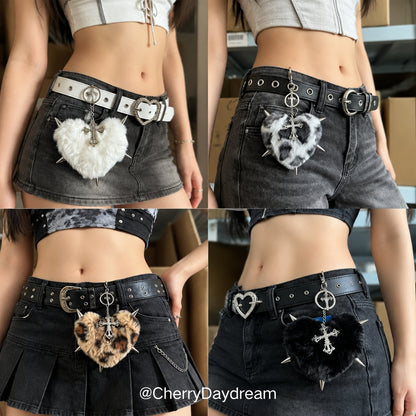 Gothic Plush Heart Keychain with Cross Charm