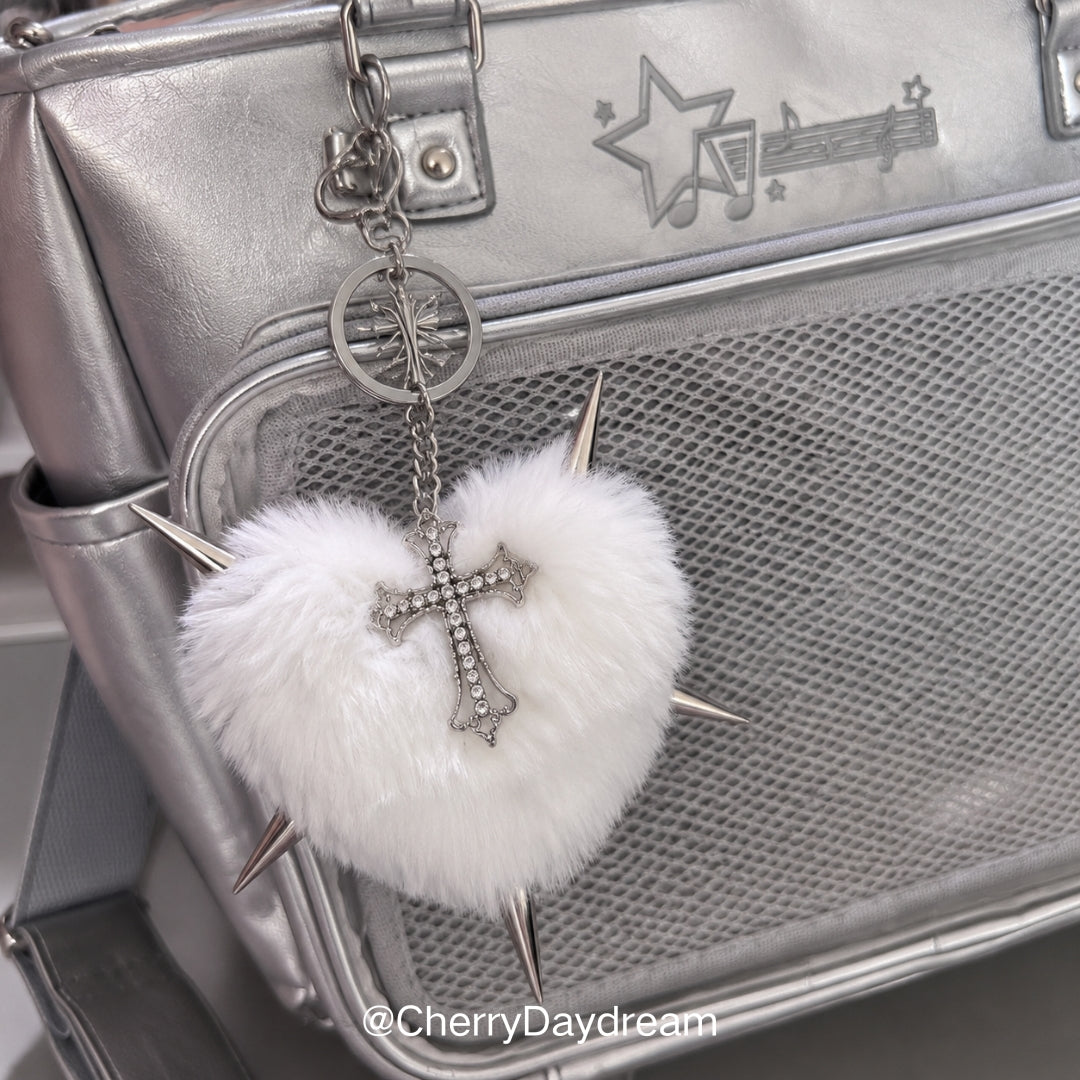Gothic Plush Heart Keychain with Cross Charm