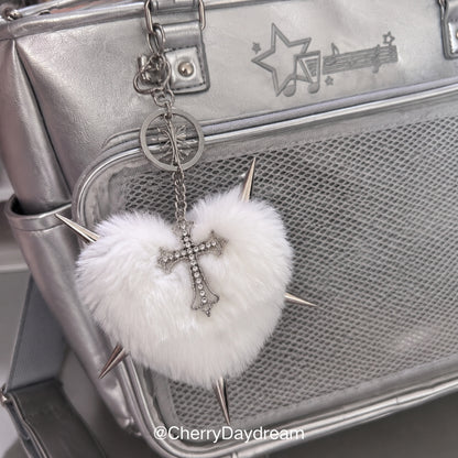 Gothic Plush Heart Keychain with Cross Charm
