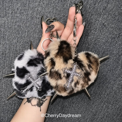 Gothic Plush Heart Keychain with Cross Charm