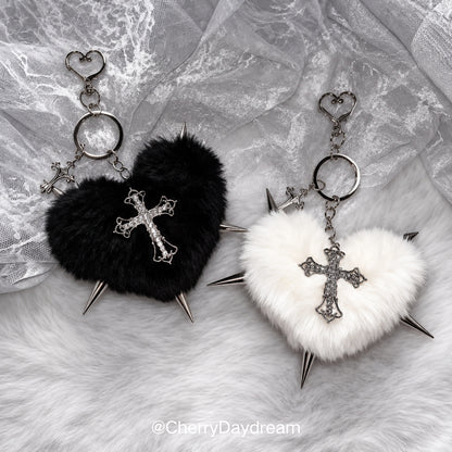 Gothic Plush Heart Keychain with Cross Charm