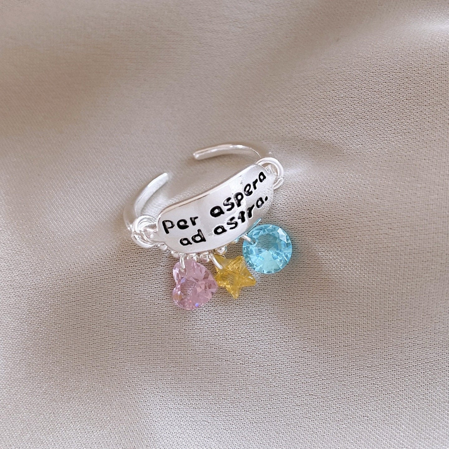Star Charm Statement Ring | Celestial Quote Design Alloy Ring with Colorful Charms