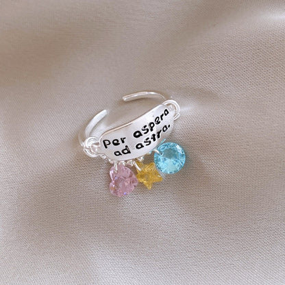 Star Charm Statement Ring | Celestial Quote Design Alloy Ring with Colorful Charms