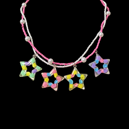 Colorful Star Charm Beaded Necklace — Y2K Kawaii Rainbow Pendant Layered Necklace