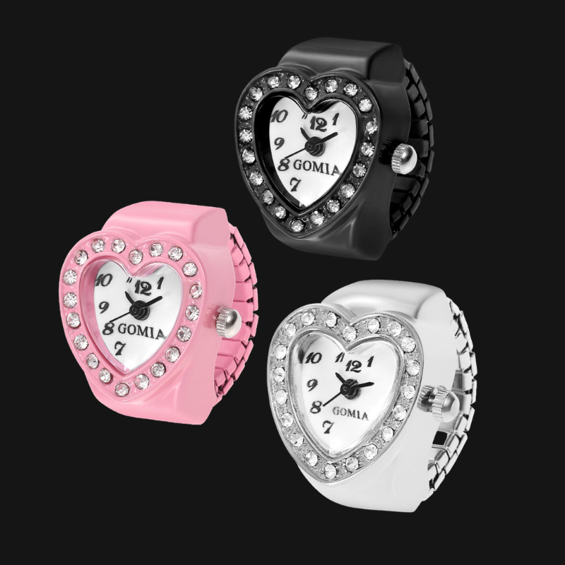 Y2K Mini Watch Ring | Cute Heart Dial Rhinestone Alloy Ring