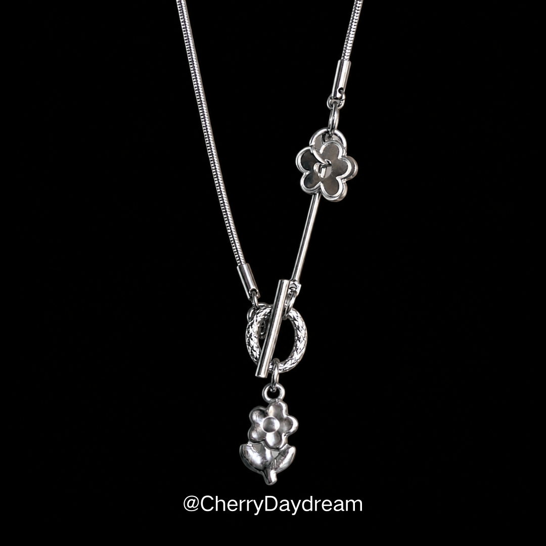 Silver Flower Toggle Charm Necklace