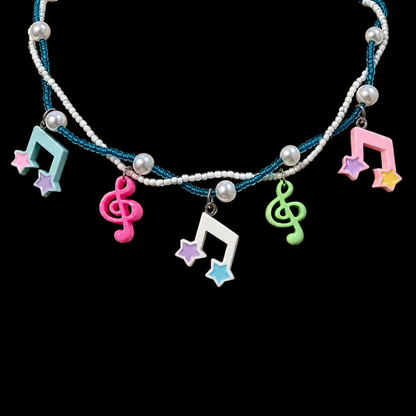 Musical Note Star Charm Necklace — Y2K Kawaii Beaded Pearl Layered Necklace