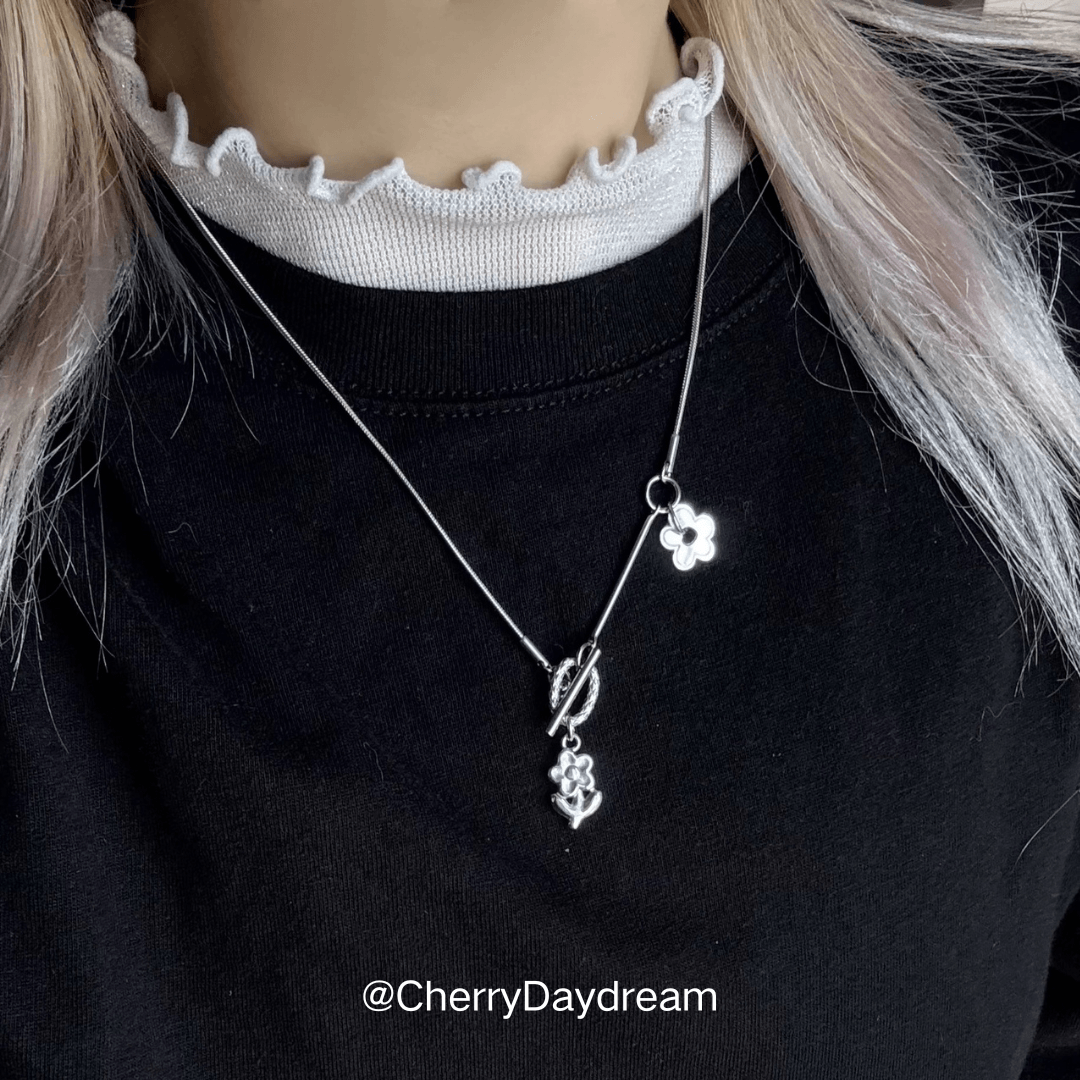Silver Flower Toggle Charm Necklace