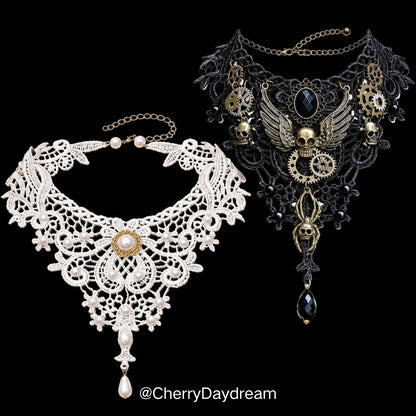 Ivory Lace Choker with Pearl and Gold Details
