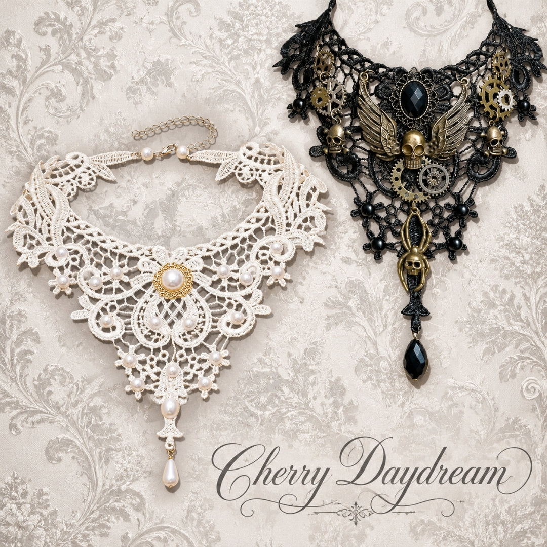Ivory Lace Choker with Pearl and Gold Details